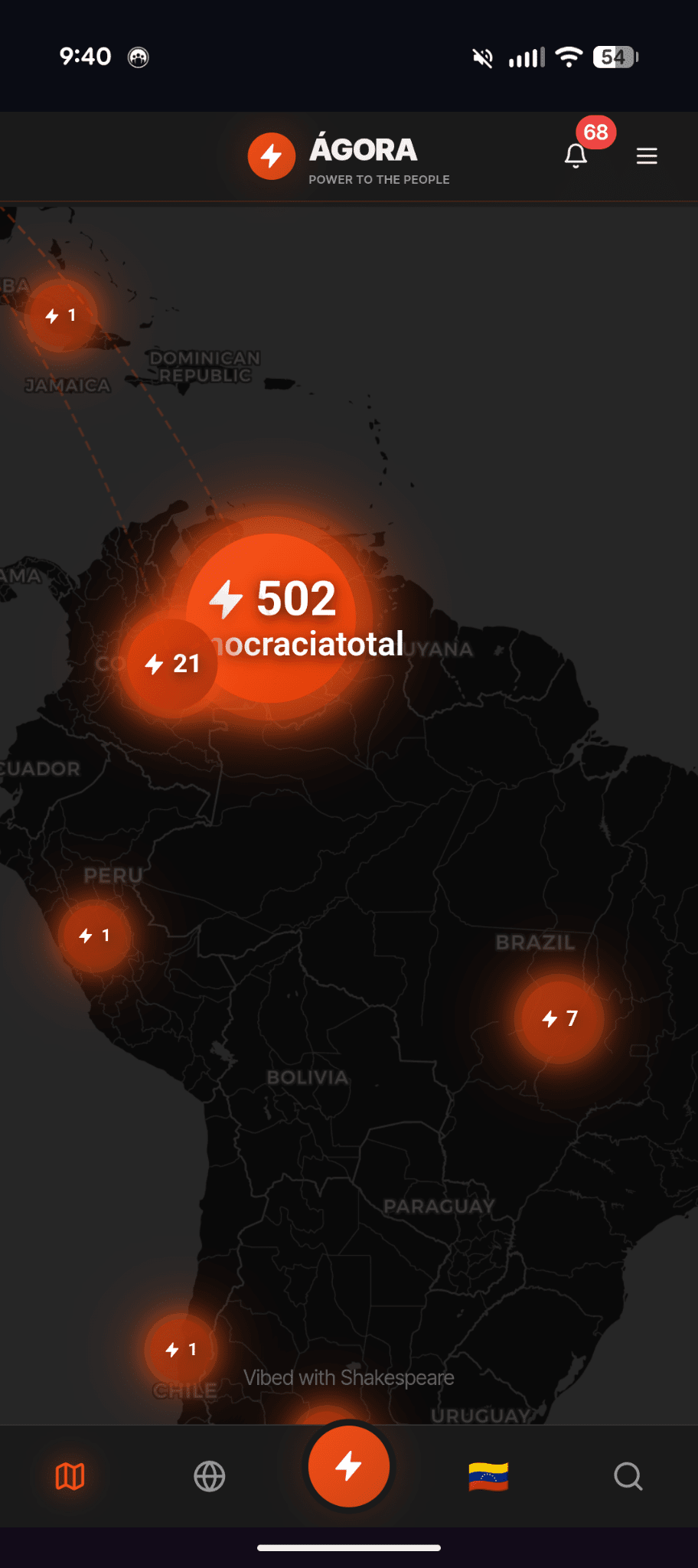Agora world map showing activist activity bubbles across Venezuela and beyond