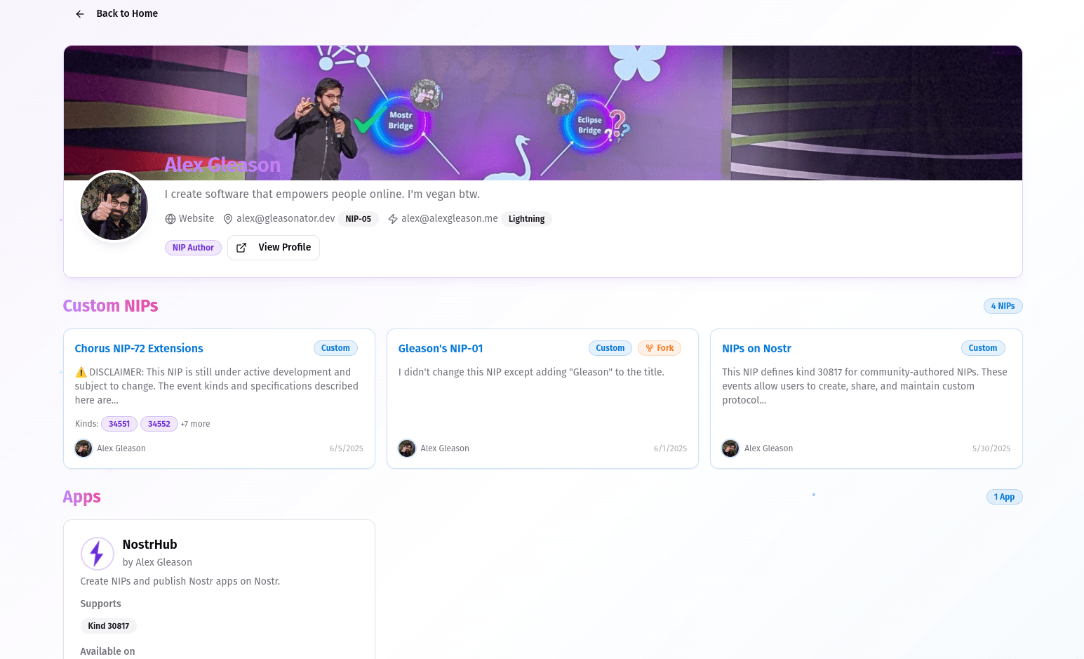 Alex Gleason's NostrHub profile page