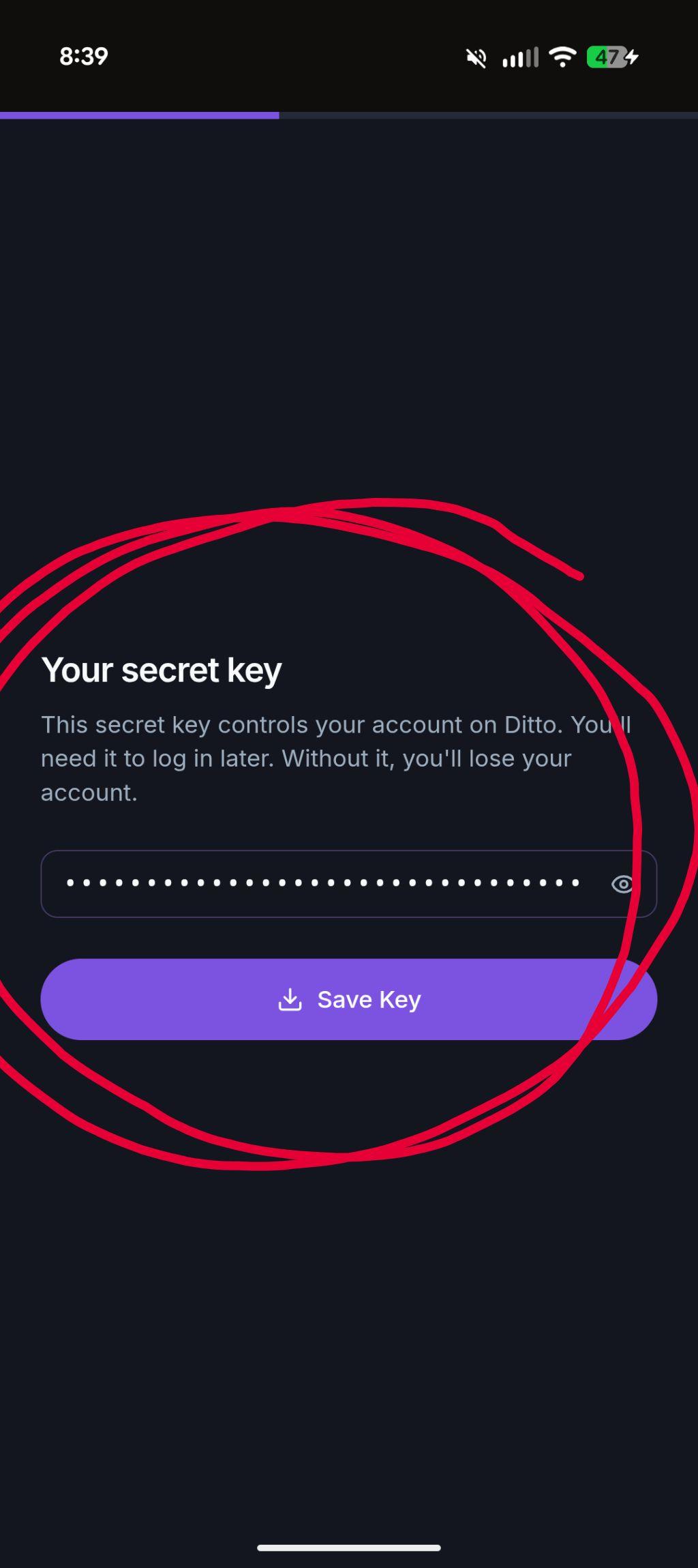 Ditto Your Nostr secret key (nsec) screen with the Save Key button — download your nsec to log in to Divine