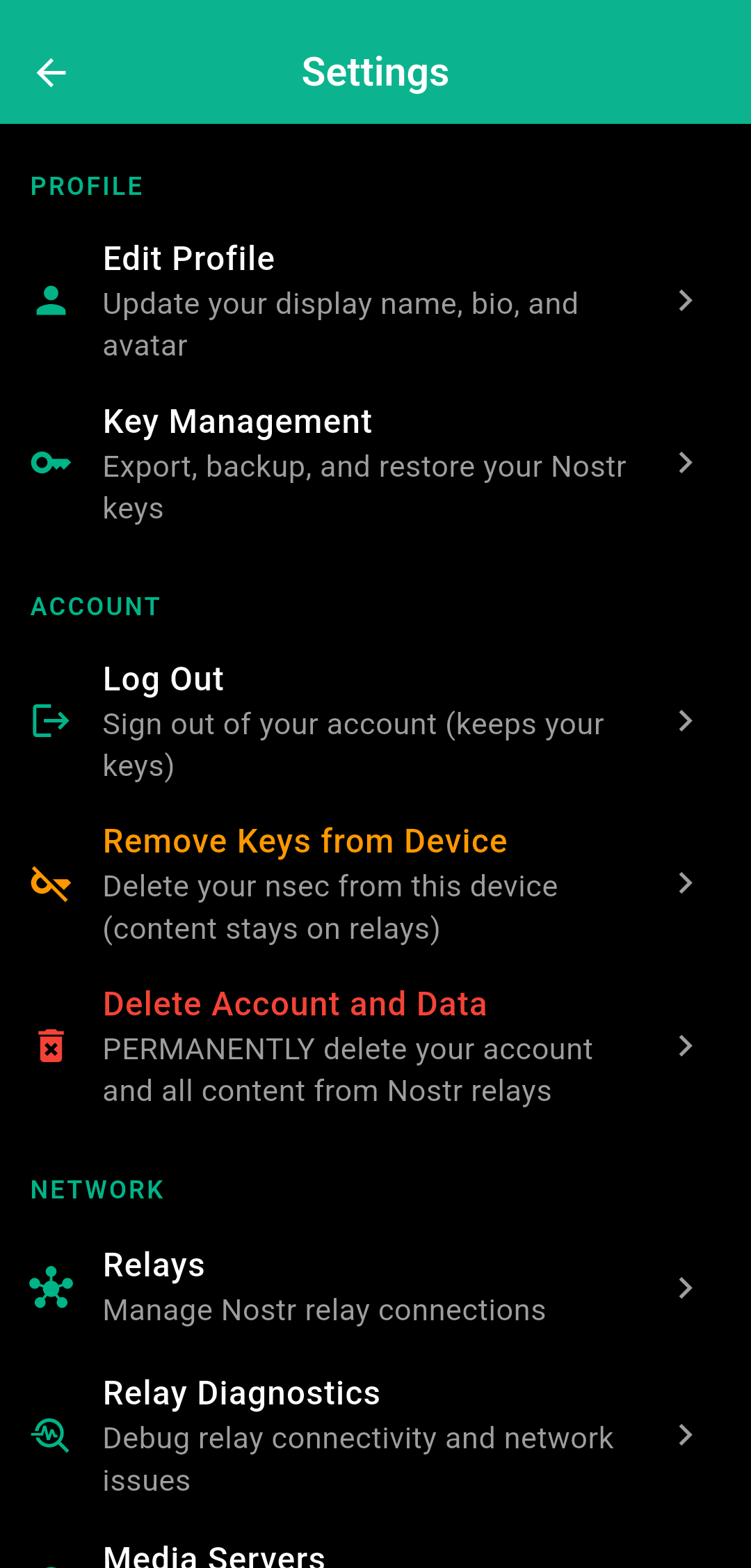 diVine Settings showing Key Management option