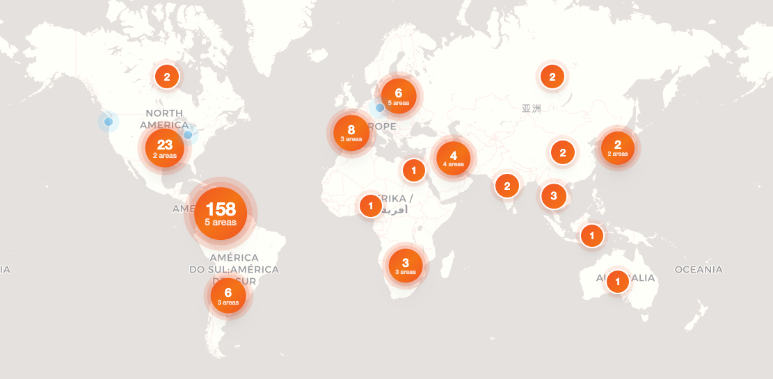 Agora world map showing user activity across the globe with concentrations in the Americas, Europe, and Asia