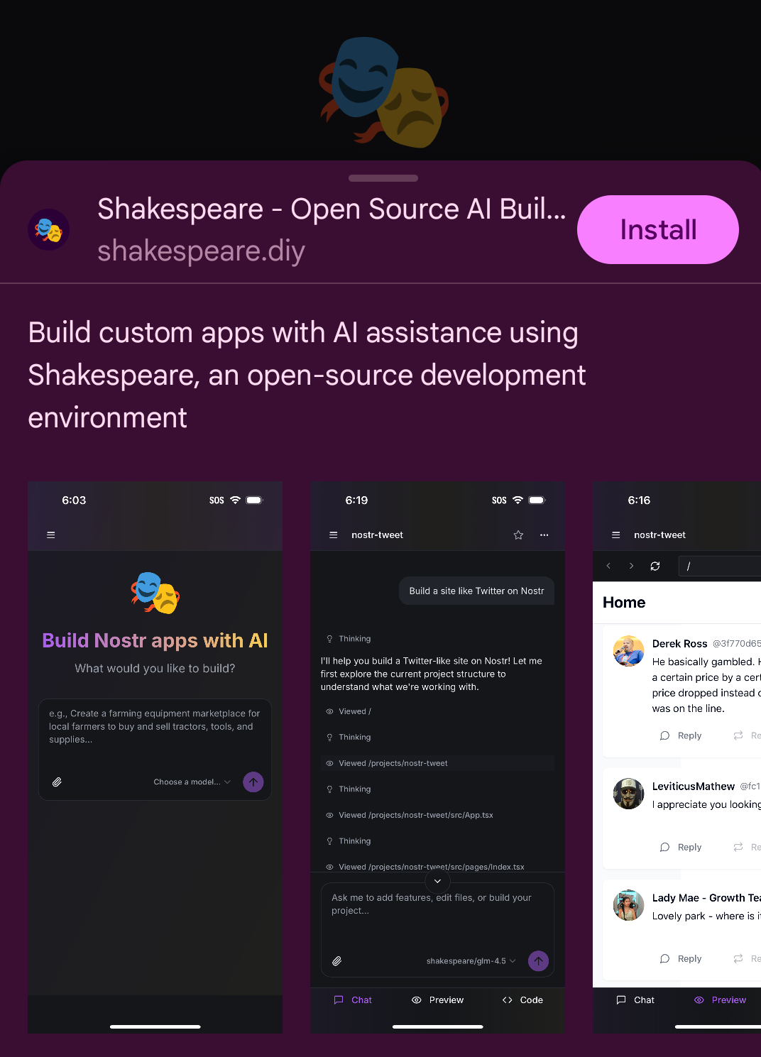 Shakespeare PWA install prompt on mobile device