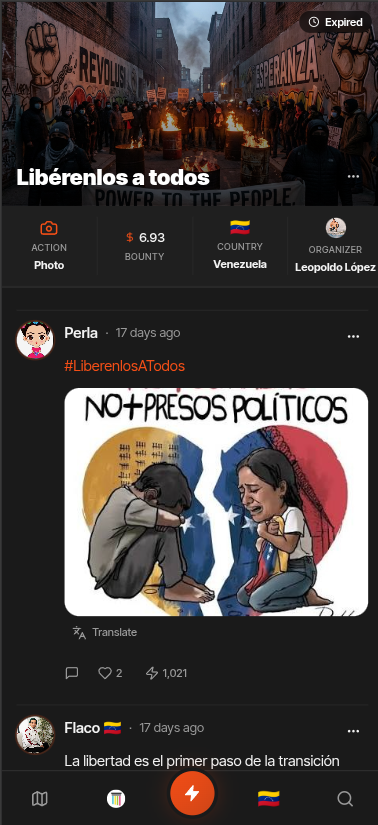 Agora action detail: Libérenlos a todos campaign with $6.93 bounty, activist submissions including political art