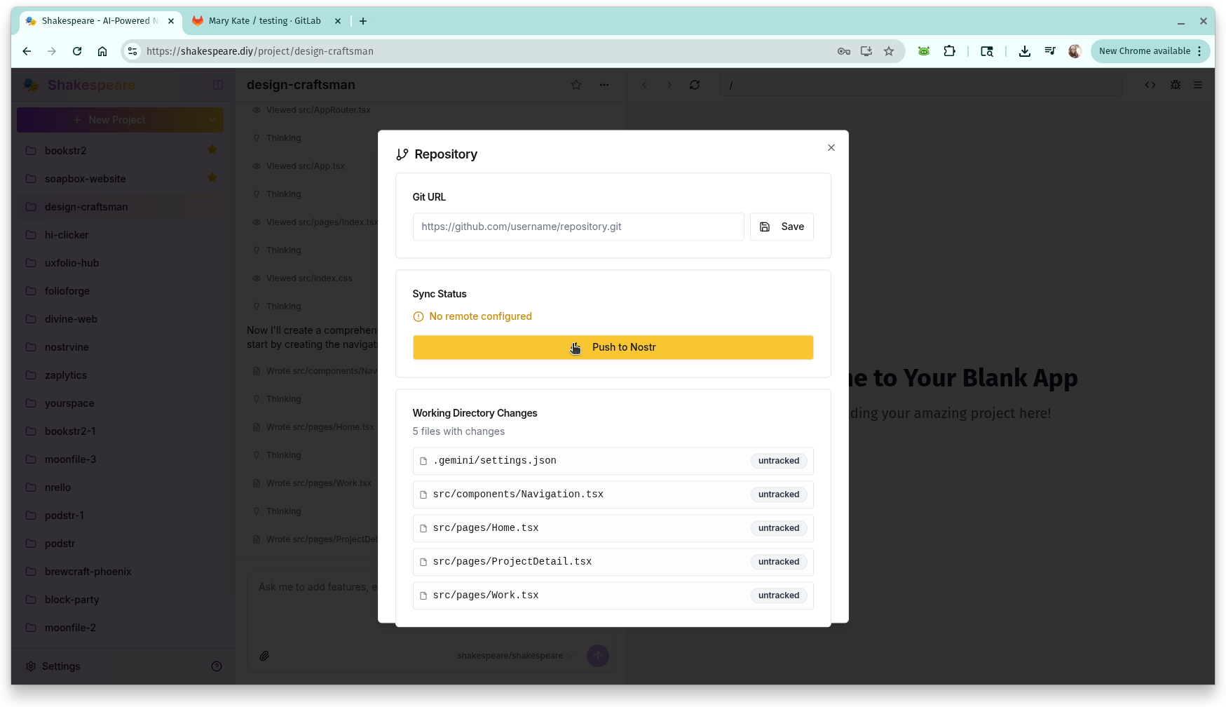 Shakespeare repository settings showing Nostr Git push option