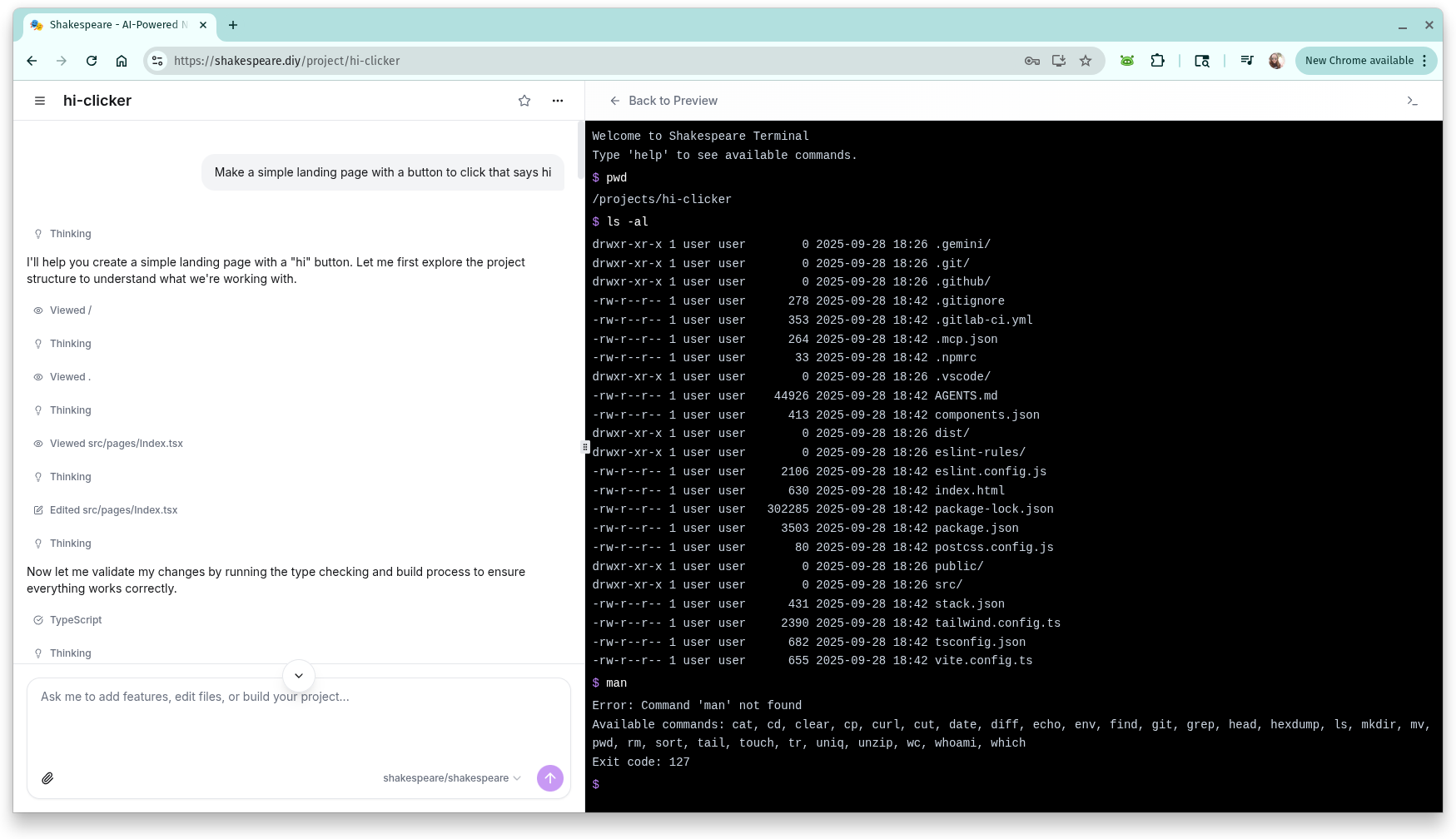 Shakespeare terminal interface showing command line access in the browser